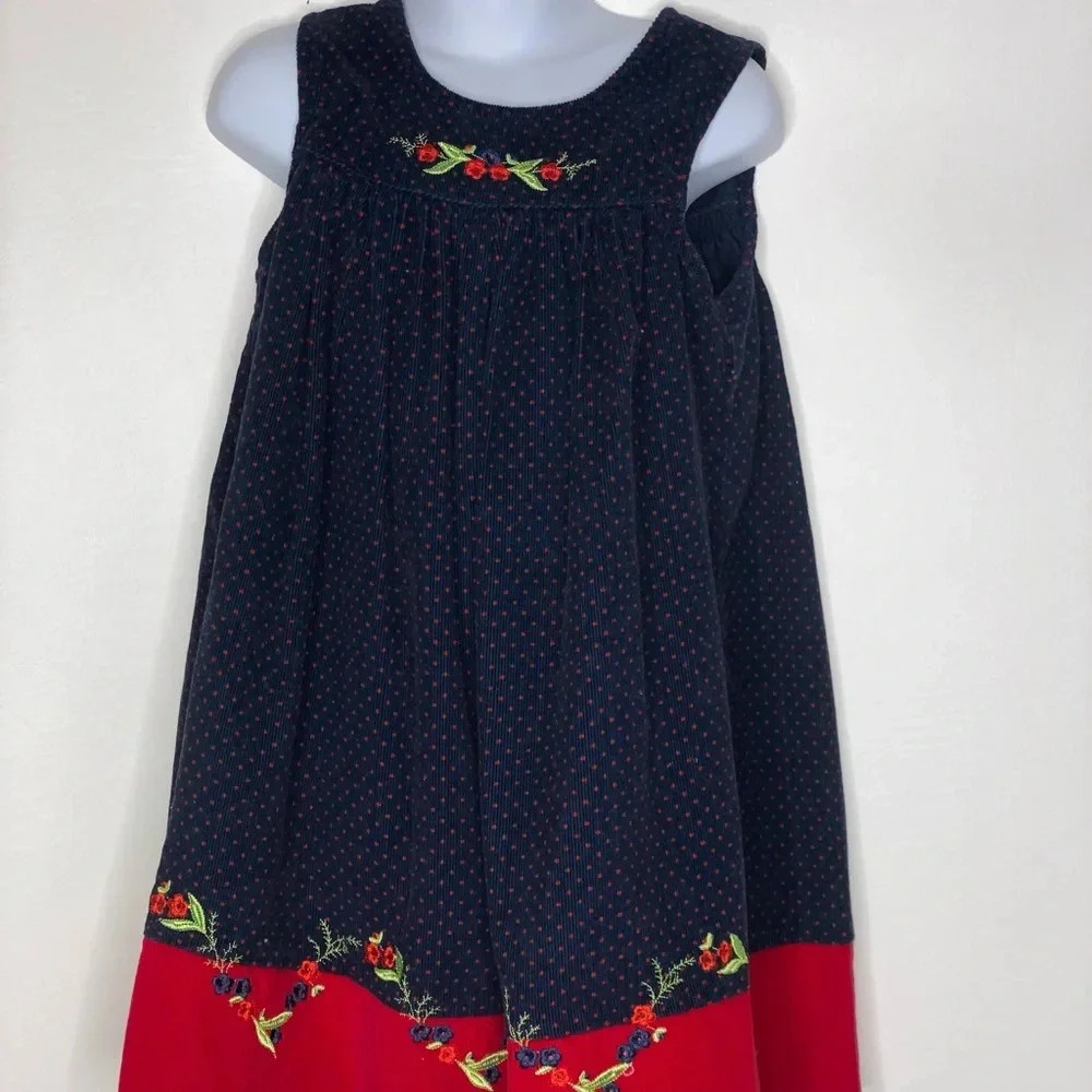 Vtg Samara girls blue corduroy polka dot floral embroidered jumper Sz 5